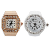 Glitter Crystal Decor Finger Ring Watch Copper Tone for Lady