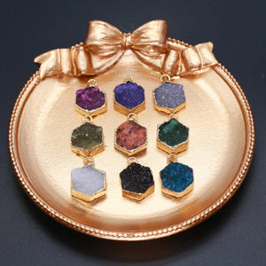 2 PCS Natural Stone Crystal Teeth Hexagon Pendant