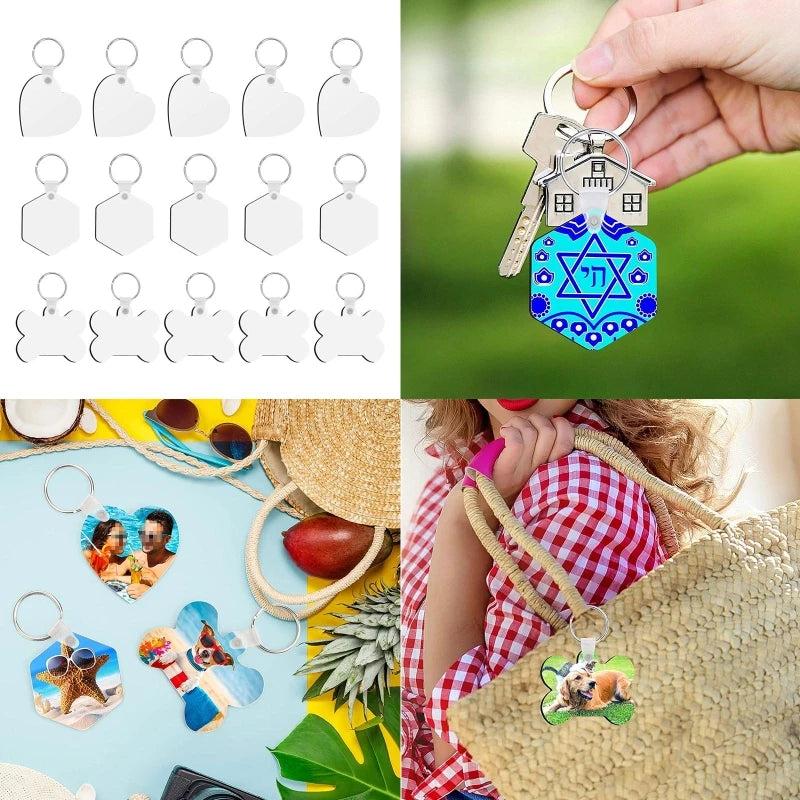 15Pcs Sublimation Keychain Set Blank Crafts - Heart, Hexagon, Bone Shape