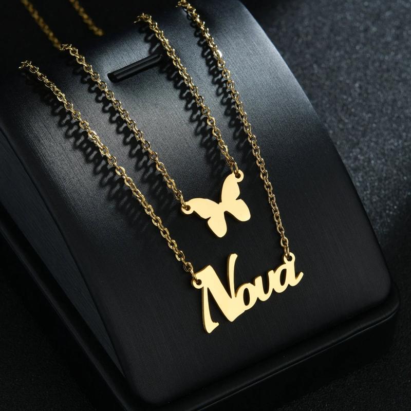 Personalized Heart Name Necklace for Women, Stainless Steel Crown Butterfly Pend
