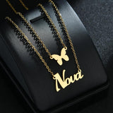 Personalized Heart Name Necklace for Women, Stainless Steel Crown Butterfly Pend