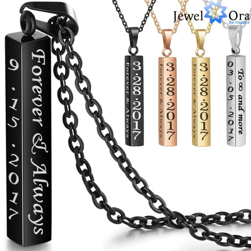 Personalized Engraved Name Date Necklace Stainless Steel Vertical Bar Pendant