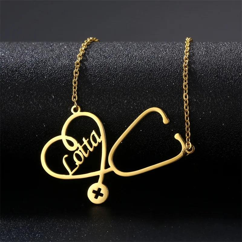 Personalized Stethoscope Name Necklace Heart Charm Stainless Steel