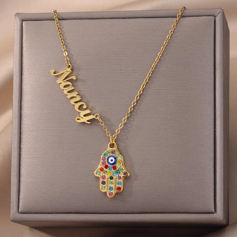 Stainless Steel Evil Eye Necklace Personalized Fatima Hand Name