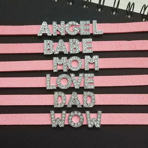 Pink Leather Rhinestone Name Necklace Personalized Choker Collar