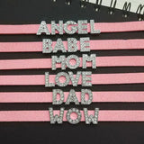 Pink Leather Rhinestone Name Necklace Personalized Choker Collar