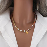 Boho Vintage Clavicle Choker Necklace with Letter Beads & Freshwater Pearl
