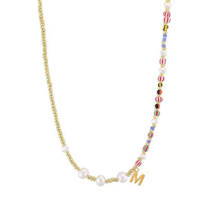Boho Vintage Clavicle Choker Necklace with Letter Beads & Freshwater Pearl
