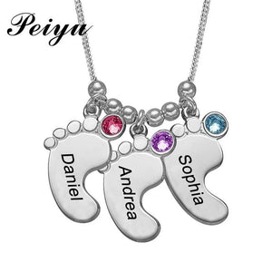 Baby Feet Necklace with Birthstone Engraved 3 Names Stainless Steel Silver
