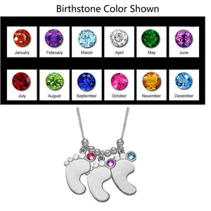Baby Feet Necklace with Birthstone Engraved 3 Names Stainless Steel Silver
