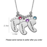 Baby Feet Necklace with Birthstone Engraved 3 Names Stainless Steel Silver