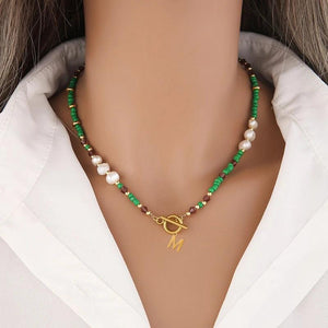 Stainless Steel Green Seed Beads Choker Necklace with Baroque Pearls