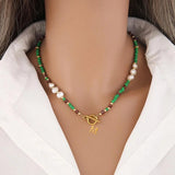 Stainless Steel Green Seed Beads Choker Necklace with Baroque Pearls