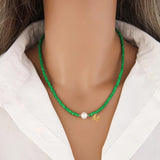 Stainless Steel Green Seed Beads Choker Necklace with Baroque Pearls
