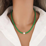 Stainless Steel Green Seed Beads Choker Necklace with Baroque Pearls