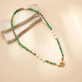 Stainless Steel Green Seed Beads Choker Necklace with Baroque Pearls