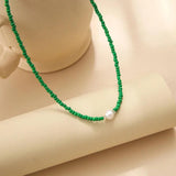 Stainless Steel Green Seed Beads Choker Necklace with Baroque Pearls