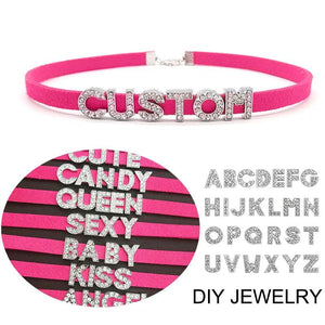 Rose Soft Suede Leather Rhinestone Letter Choker Collar Name Necklace