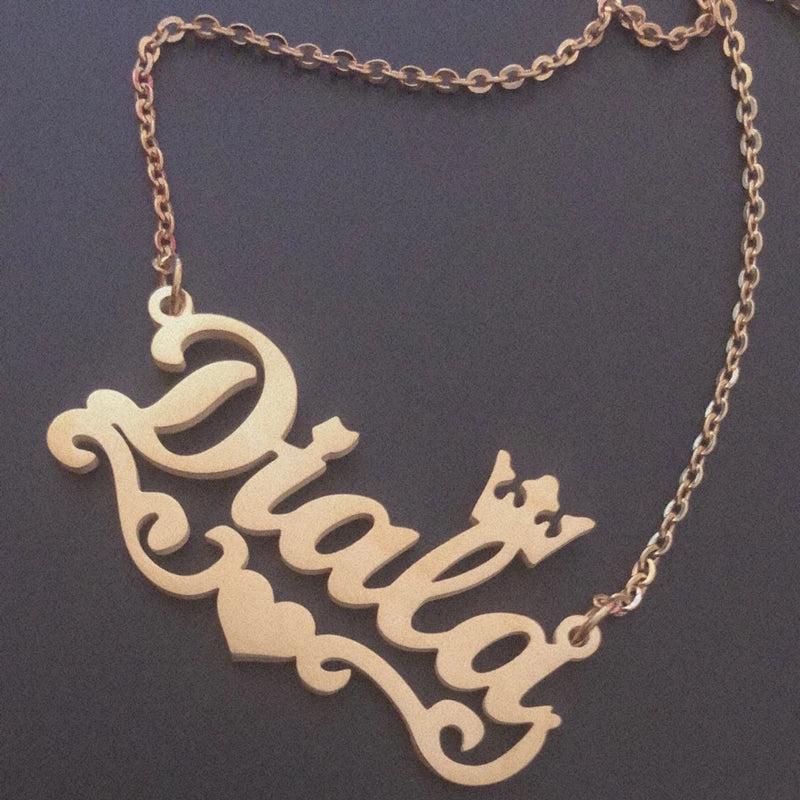 Crown Nameplate Necklace Heart Ribbon Pendant Personalized Jewel