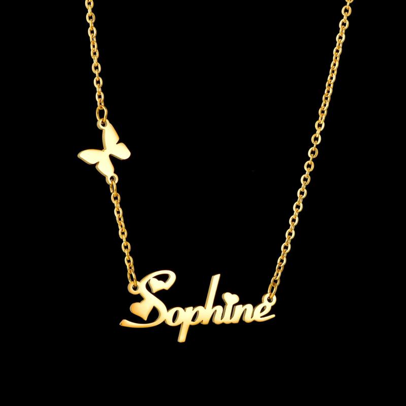 Personalized Name Stainless Steel Women Necklace Zircon Butterfly Pendant