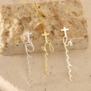 Stainless Steel Cross Necklace with Name Pendant