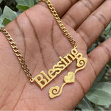 Heart Name Necklace With Heart Ribbon Stainless Steel Chain