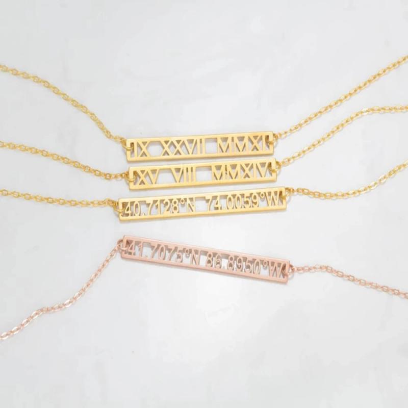 Personal Roman Numeral Date Necklace 18K Solid - Special Engraved Gift