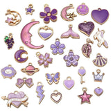 30pcs Mixed Enamel Purple Charms Flowers Moon Fruit Heart Alloy Pendants