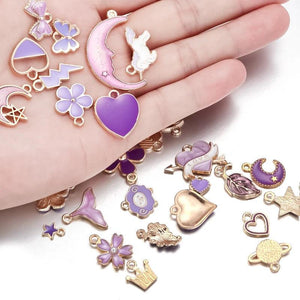 30pcs Mixed Enamel Purple Charms Flowers Moon Fruit Heart Alloy Pendants