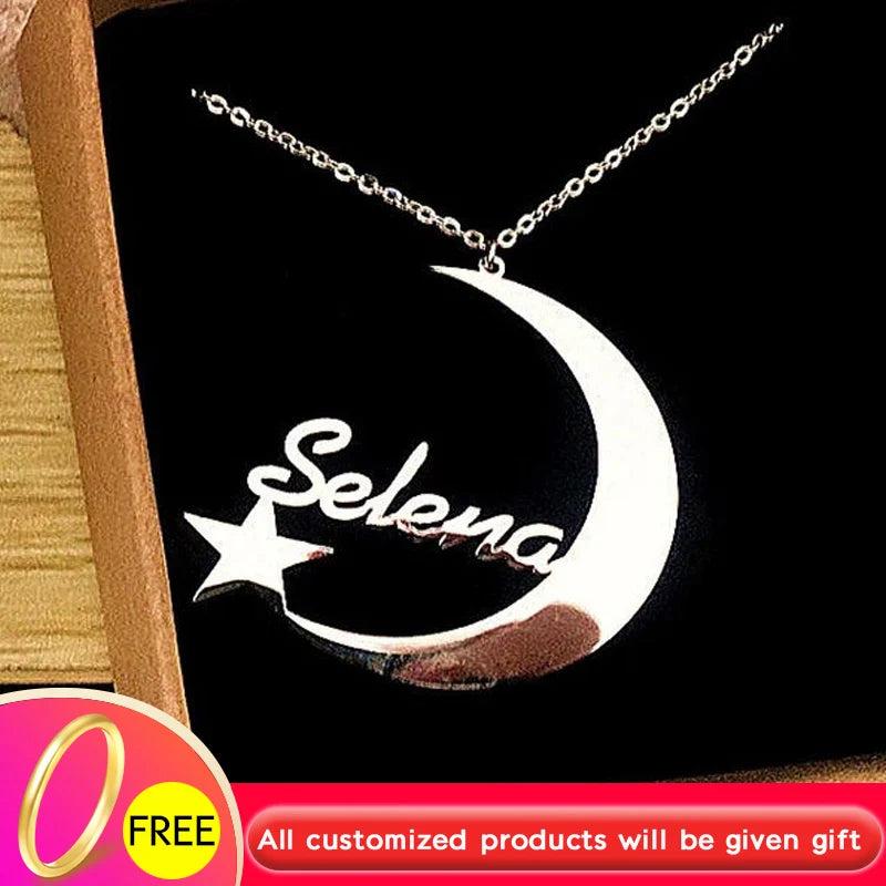 Crescent Moon & Star Name Necklace Personalized Stainless Steel Romantic Gift