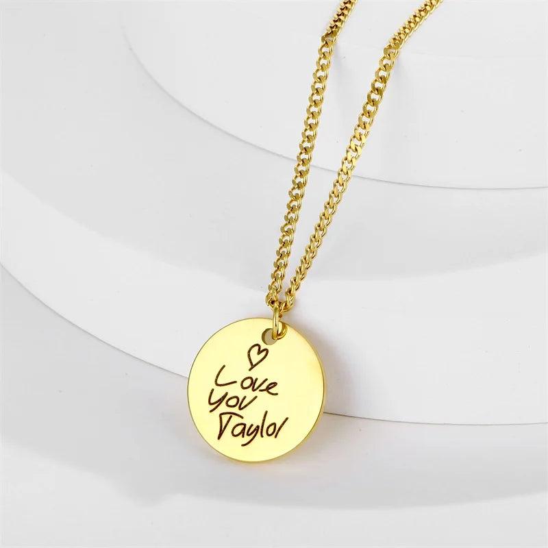Handwriting Signature Engrave Disc Necklace Stainless Steel Round Pendant