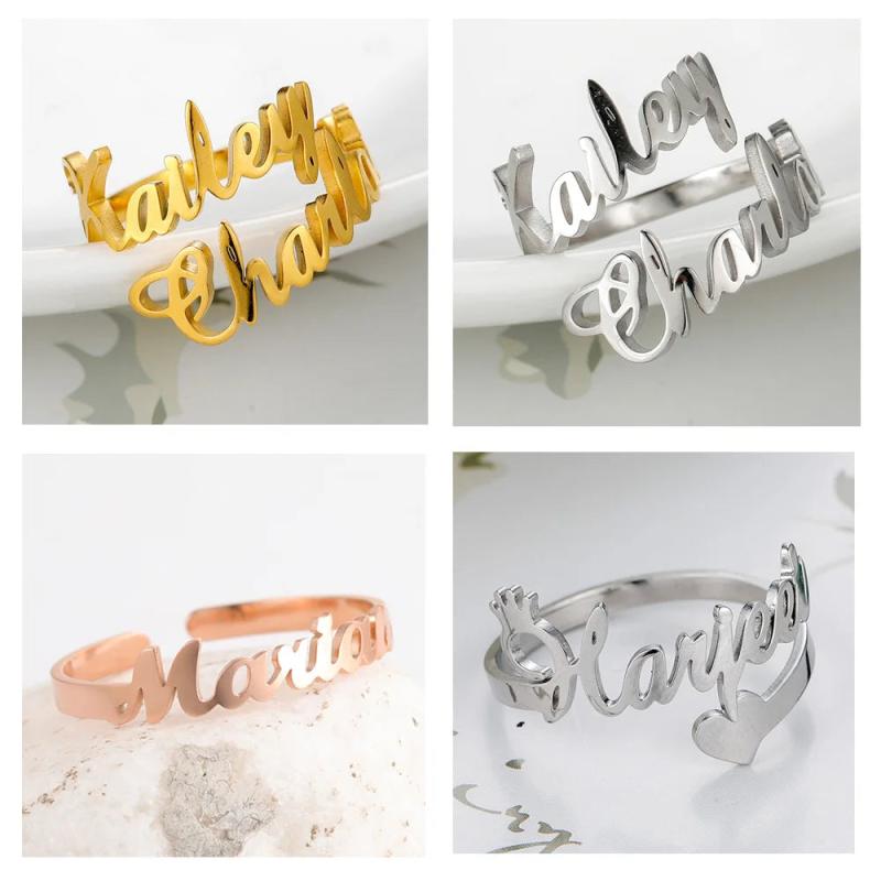 Personalized Double Name Rings Adjustable Stainless Steel Family Ring