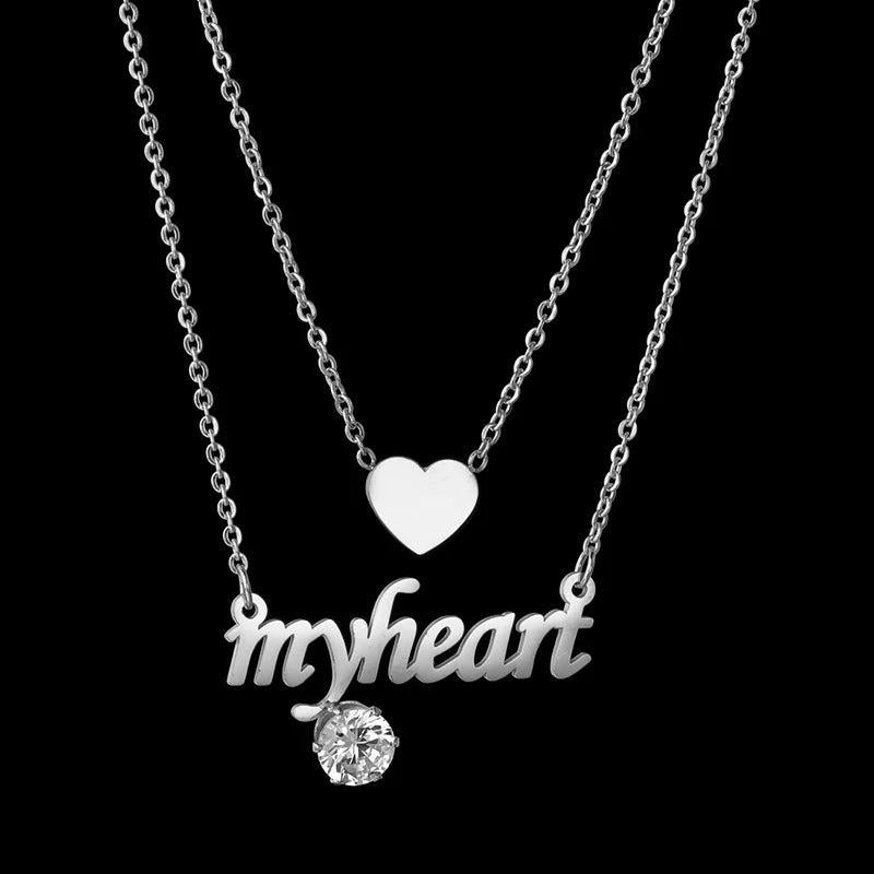 Personalized Heart Zircon Steel Necklace Double Chain Women Gift