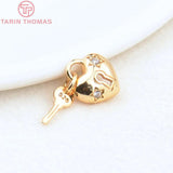 4PCS 10.5x12MM 24K Brass Zircon Lock Key Pendant Charms DIY Jewelry Findings