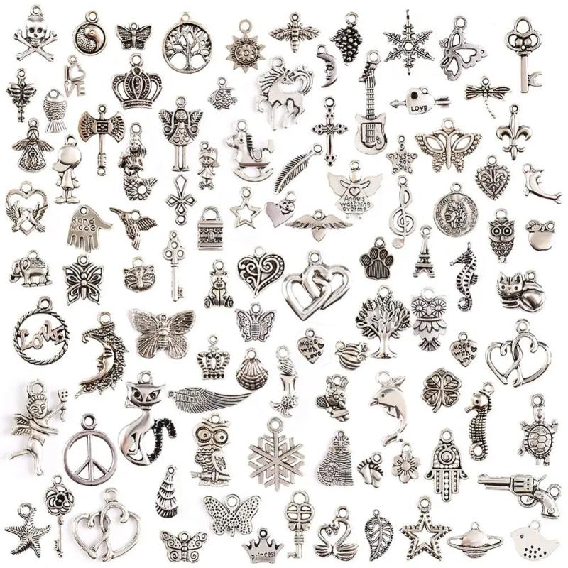 100 Pcs Tibetan Silver Mixed Styles Charm Pendants DIY Jewelry