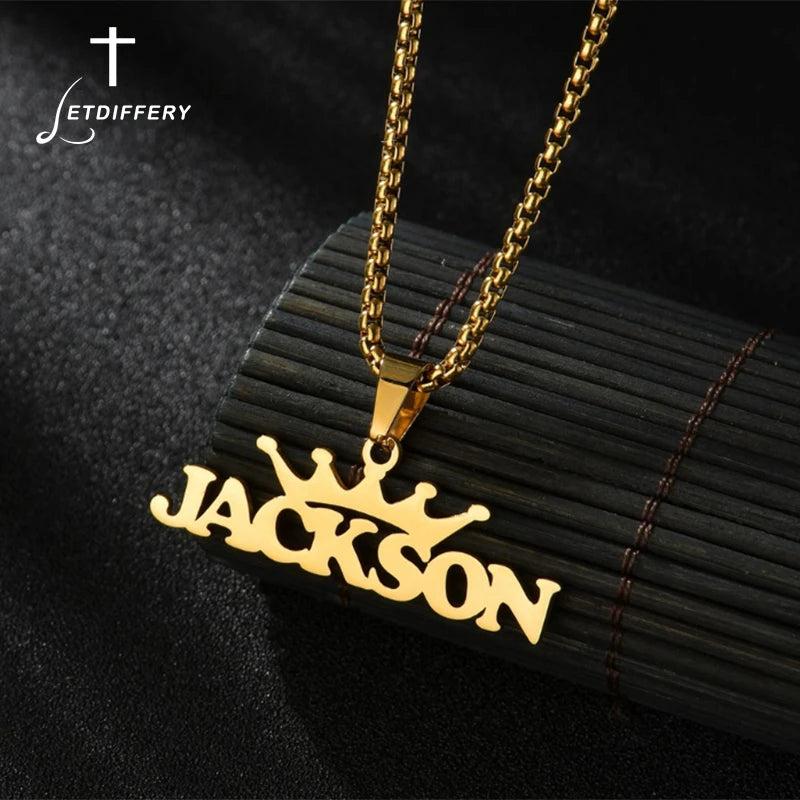 Crown Name Necklace For Men Stainless Steel Golden Chain Rock Hip Pop Jewelry