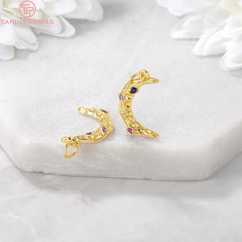 4PCS 18x2MM 24K Plated Brass Moon Charms Pendants with Zircon