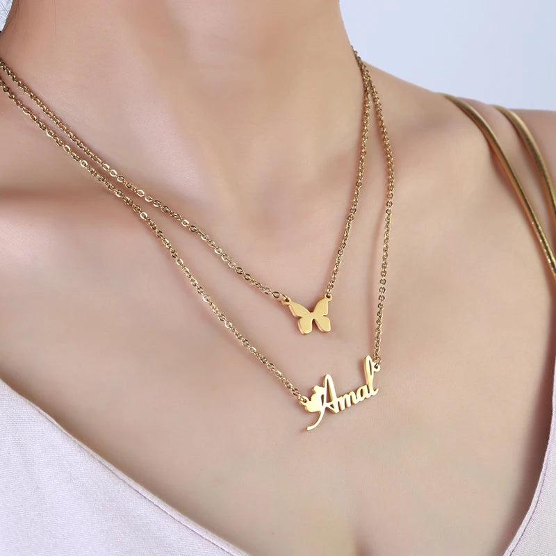 Double Layers Name Necklace Heart Butterfly Birthstone Zircon Pendant