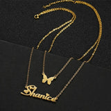 Double Layers Name Necklace Heart Butterfly Birthstone Zircon Pendant