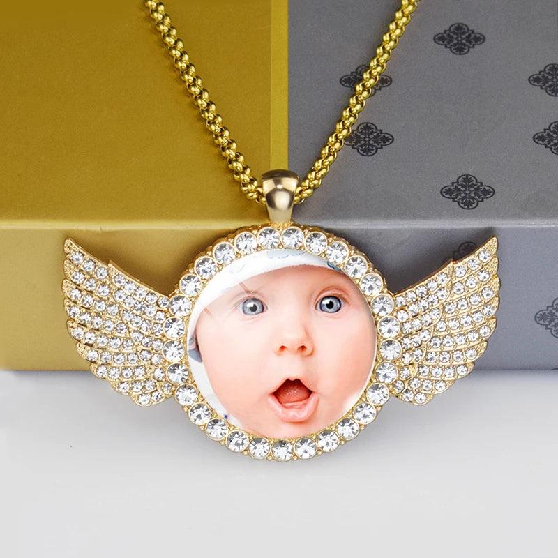 Family Picture Necklace with Angel Wings Pendant - Father's Gift