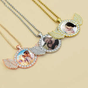 Family Picture Necklace with Angel Wings Pendant - Father's Gift