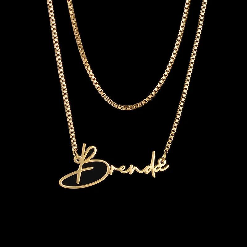 Double Layer Name Necklace Stainless Steel Box Chain Cursive Letter Women Gift