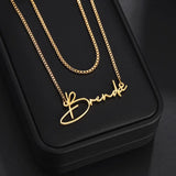 Double Layer Name Necklace Stainless Steel Box Chain Cursive Letter Women Gift