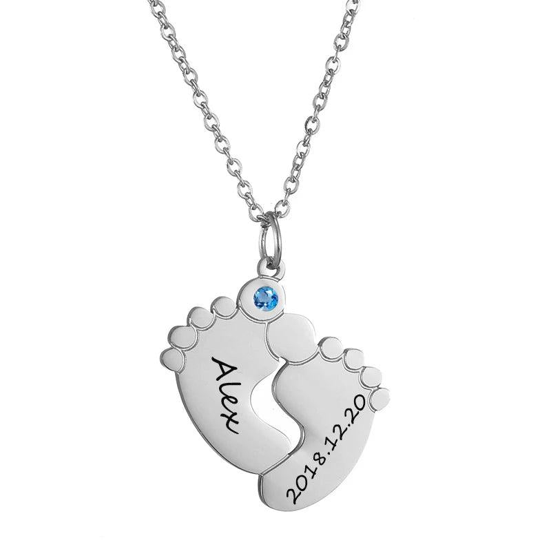 Name Necklace Baby Feet Engraved Stainless Steel