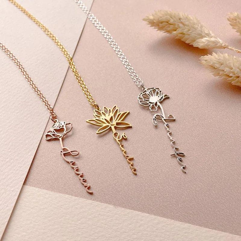 Personalized Birth Flower Name Necklaces Women Boho Jewelry Stainless Steel
