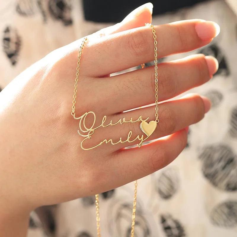 Personalized Two Name Heart Nameplate Necklace Stainless Steel