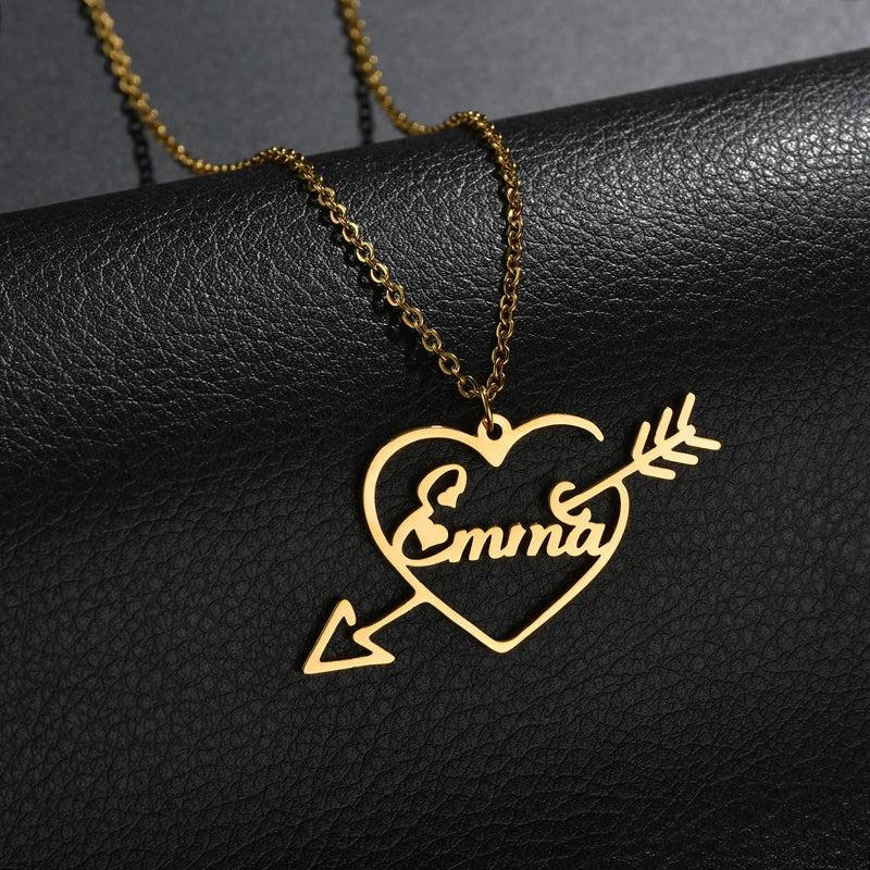 Personalized Name Necklace with Heart Pendant, Stainless Steel Chain for Women
