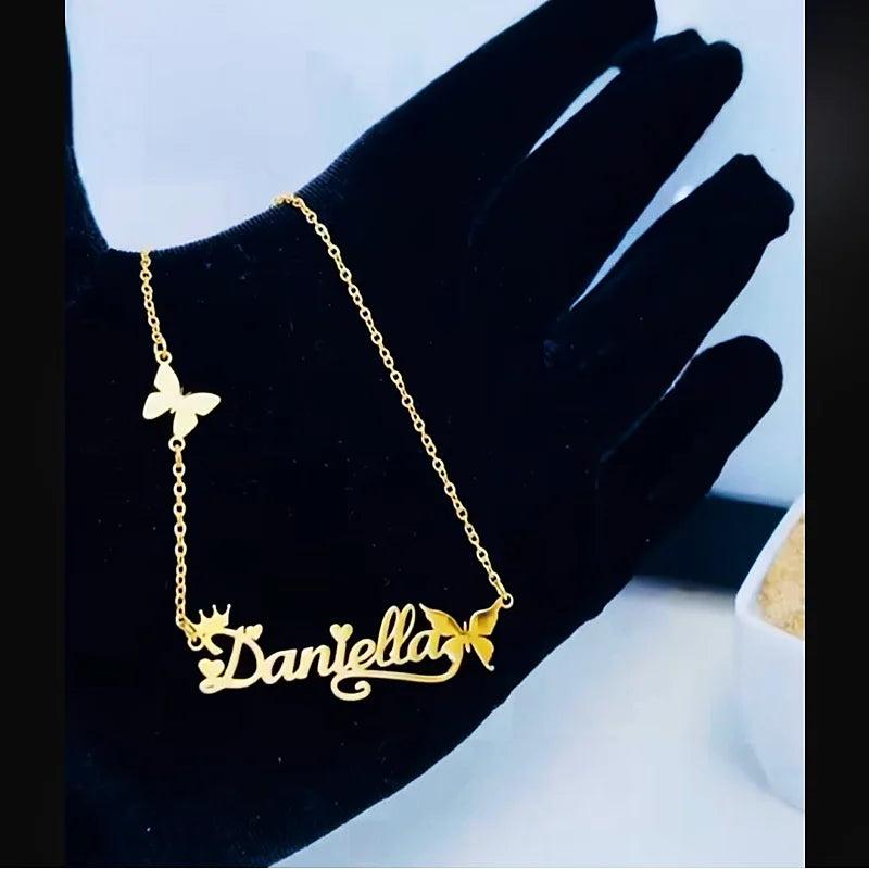 Butterfly Name Necklace for Women Crown ID Necklace