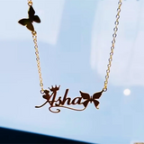 Butterfly Name Necklace for Women Crown ID Necklace