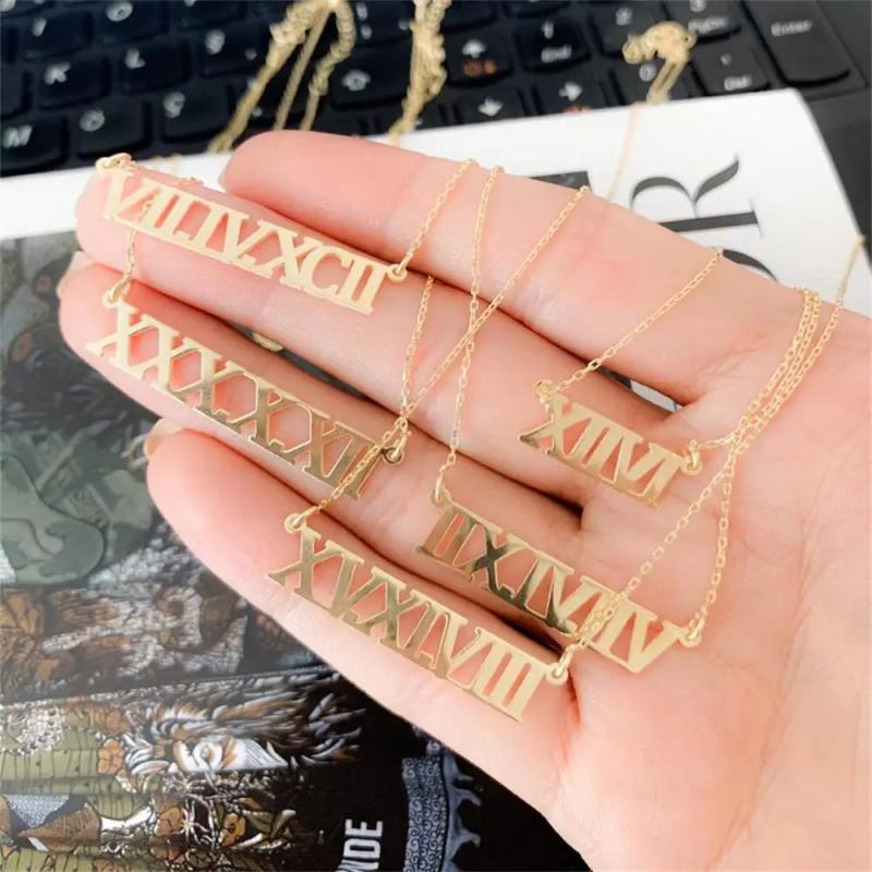 Personal Roman Numeral Date Necklace Engraved 18K Solid Wedding Anniversary Gift